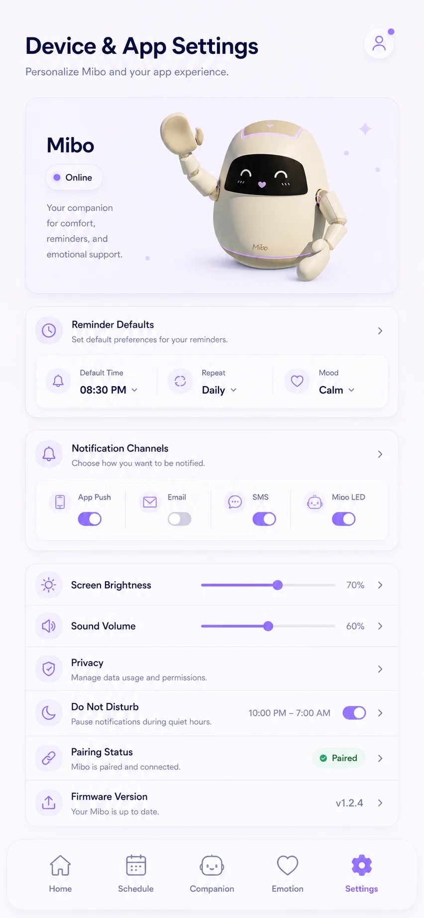 Mibo device and app settings